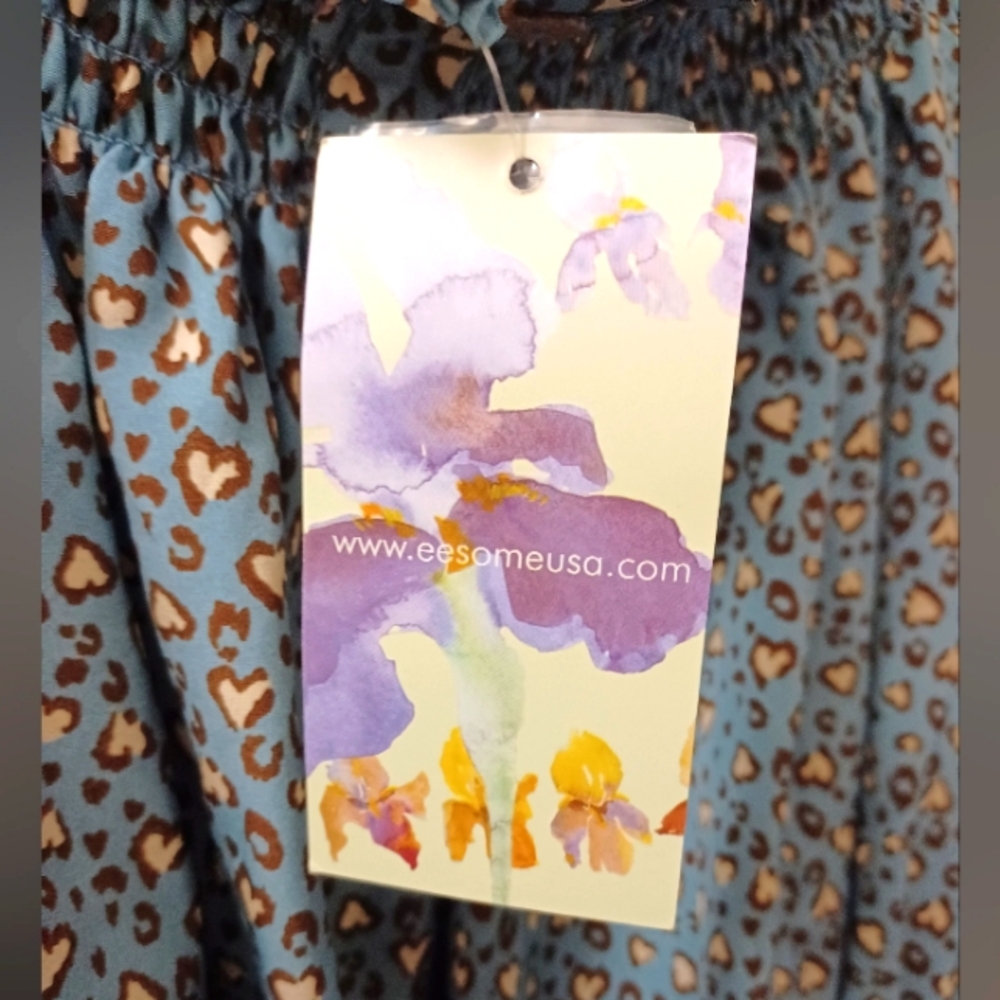 EE:SOME Smocked Leopard Heart Off Shoulder Puff Sleeve Top NWT - Picture 11 of 12